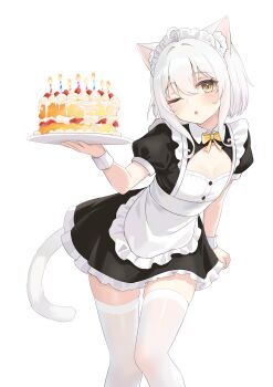 1girl absurdres animal_ears apron birthday_cake black_dress breast_cutout breasts cake candle cat_ears cat_girl cat_tail commentary_request dress food frilled_dress frills highres holding holding_tray leaning_forward looking_at_viewer maid maid_apron maid_headdress one_eye_closed original parted_lips puffy_short_sleeves puffy_sleeves short_hair short_sleeves simple_background tail thighhighs tray white_apron white_background white_hair white_thighhighs wrist_cuffs yellow_eyes zhai_mi_xing_hui