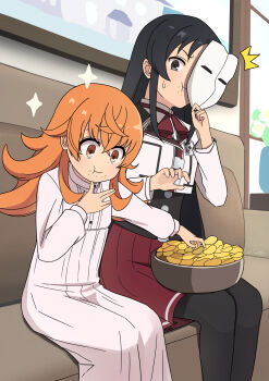 2girls black_corset black_eyes black_hair black_thighhighs bowl chips_(food) corset couch crumbs dress dwarf eating flat_chest food food_on_face highres holding holding_mask jacket juliette_(mushoku_tensei) long_hair looking_at_another mask multiple_girls mushoku_tensei nanahoshi_shizuka on_couch orange_eyes orange_hair potato_chips ranoa_magic_academy_school_uniform red_skirt school_uniform sitting skirt sparkle sweatdrop thighhighs tialimko very_long_hair white_dress white_jacket