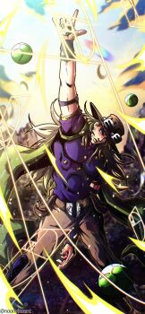 1boy \m/ absurdres armband ball beard belt belt_buckle blonde_hair blue_bridal_gauntlets blue_hair blue_nails bridal_gauntlets brown_belt brown_hat brown_pants buckle cape cloud cloudy_sky commentary cowboy_hat english_commentary facial_hair goggles goggles_on_headwear golden_spiral green_cape green_lips gyro_zeppeli hand_up hat highres holding holding_ball holster jojo_no_kimyou_na_bouken jojo_pose long_hair looking_at_viewer male_focus noonvincent orange_sleeves pants purple_armband purple_shirt purple_sleeves shirt short_sleeves sky solo steel_ball_(jojo) steel_ball_run two-tone_sleeves