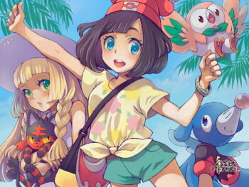 2girls :d animal aqua_shorts art_academy_(medium) beanie bird black_hair blonde_hair blue_eyes braid cat commentary_request floral_print_shirt gen_7_pokemon green_eyes hat holding holding_animal holding_cat holding_pokemon lillie_(pokemon) litten long_hair multiple_girls nintendo open_mouth owl pokemon pokemon_(creature) pokemon_sm popplio print_shirt red_hat rowlet saikachi_(ogre_tree) selene_(pokemon) shirt short_hair short_sleeves shorts smile starter_pokemon_trio sun_hat swept_bangs teeth tied_shirt twin_braids upper_teeth_only white_hat z-ring