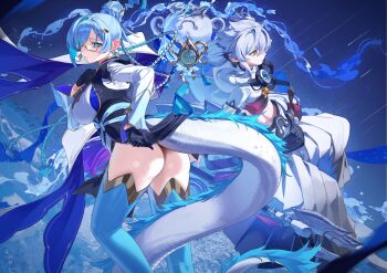 1boy 1girl ass black_gloves blue_eyes blue_hair blue_thighhighs braid breasts closed_mouth commentary_request dracotail_faimena dracotail_lukias dragon_boy dragon_girl dragon_horns dragon_tail eastern_dragon_tail feet_out_of_frame glasses gloves hair_ornament highres horns large_breasts long_hair looking_at_viewer looking_back pants polearm red_cucumber shirt tail thighhighs twin_braids very_long_hair water weapon white_hair white_pants white_shirt yu-gi-oh!