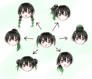 1girl alternate_hairstyle arrow_(symbol) black_hair blush braid chart closed_mouth double_bun green_eyes green_hair hair_bun highres long_hair looking_at_viewer love_live! love_live!_nijigasaki_high_school_idol_club multicolored_hair open_mouth parted_lips ponytail ririn_(ririn_501) short_hair side_ponytail smile takasaki_yu twin_braids twintails