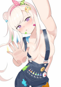 1girl absurdres airani_iofifteen armpits bare_shoulders blue_suspenders breasts cowboy_shot duplicate hair_bun highres hololive hololive_indonesia large_breasts paint_on_body paint_on_clothes paint_splatter paint_splatter_on_face pixel-perfect_duplicate purple_eyes shift_(shiftillust) simple_background solo suspenders sweat virtual_youtuber white_background white_hair
