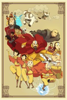 aang aerokinesis appa arrow_(symbol) arrow_tattoo avatar:_the_last_airbender avatar_legends baby bald balding bison border bumi_(legend_of_korra) capelet carrying carrying_baby carrying_person cloud element_bending gyatso_(avatar) ikki_(legend_of_korra) jingbo_(legend_of_korra) jinora juicy_(legend_of_korra) kai_(legend_of_korra) meelo_(legend_of_korra) momo_(avatar) orange_theme ornate_border pema_(legend_of_korra) rohan_(legend_of_korra) ryu_(legend_of_korra) sky_bison spirit ssandulak tattoo tenzin_(legend_of_korra) wind xing_ling_(avatar_legends) yee-lee_(avatar_legends) zaheer