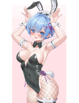 1girl absurdres animal_ear_hairband animal_ears armband armpits black_bow black_bowtie black_leotard blue_eyes blue_hair blush border bow bowtie breasts commentary covered_navel cowboy_shot detached_collar fake_animal_ears fake_tail fishnet_pantyhose fishnets frilled_armband frills hair_ribbon hairband highres leotard maid_headdress medium_breasts open_mouth outside_border pantyhose pillarboxed pink_background playboy_bunny purple_ribbon rabbit_ear_hairband rabbit_ears rabbit_pose rabbit_tail re:zero_kara_hajimeru_isekai_seikatsu rem_(re:zero) ribbon short_hair smile solo strapless strapless_leotard tail thigh_strap washout008 white_border white_wrist_cuffs wrist_cuffs