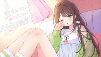 Rule 34 | 1girl, bare shoulders, braid, brown hair, cardigan, commentary request, commission, dress, green cardigan, green eyes, highres, indie virtual youtuber, kattin nico (vtuber), long hair, long sleeves, looking at viewer, nekotora (nekotora0116), off shoulder, one eye closed, open mouth, skeb commission, solo, sunlight, virtual youtuber, white dress, window