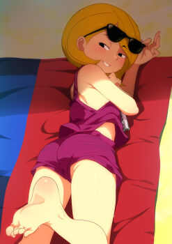 Rule 34 | 1girl, barefoot, black eyes, blush, commentary, english commentary, eyewear on head, feet, from behind, grin, harriet m. welsch, harriet the spy, highres, jcm2, legs, looking at viewer, looking back, lying, on stomach, parted lips, short hair, sleeveless, smile, soles, solo, sunglasses, sunglasses on head, swimsuit, toes