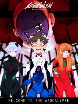 Rule 34 | 1boy, 2girls, ayanami rei, black hair, blue eyes, blue hair, ikari shinji, mecha pilot suit, multiple girls, neon genesis evangelion, plugsuit (evangelion), red eyes, red hair, souryuu asuka langley