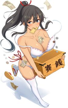 1girl between_breasts bikini black_hair blue_eyes blush box breasts cleavage coin collarbone commentary dark-skinned_female dark_skin donation_box double-parted_bangs floating_hair hair_between_eyes hair_ribbon high_ponytail highres holding holding_box homura_(senran_kagura) large_breasts long_hair looking_at_viewer money_between_breasts new_year ponytail red_ribbon ribbon running sandals senran_kagura shadow side-tie_bikini_bottom sidelocks simple_background single_sandal smile solo surippa1010 swimsuit tan thighhighs thighs translation_request twintails uneven_eyes untied_bikini_top unworn_sandals very_long_hair white_background white_bikini white_thighhighs wooden_box yen