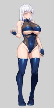 breasts catfight fingerless_gloves gloves highleg highres huge_breasts kaeru_no_uta leotard purple_eyes white_hair wide_hips wrestler wrestling wrestling_outfit