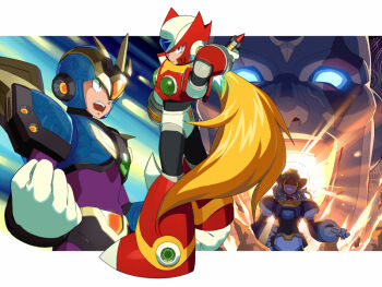 Rule 34 | 4boys, android, arm cannon, armor, assault visor, bald, black armor, black helmet, blonde hair, blue armor, blue eyes, blue hair, blue helmet, chest jewel, clenched hands, dynamo (mega man), energy sword, evil eyes, evil grin, evil smile, facial mark, fangs, fighting stance, forehead jewel, full body, gloves, green eyes, grin, helmet, holding, holding sword, holding weapon, jewelry, long hair, looking at viewer, male focus, may (nicoseiga 32709921), mega man (series), mega man x5, mega man x (series), multiple boys, open mouth, ponytail, red-tinted eyewear, red armor, red helmet, robot, robot ears, shoulder armor, sigma (mega man), smile, sword, sword on back, teeth, tinted eyewear, ultimate armor x (mega man), upper teeth only, very long hair, weapon, weapon on back, white gloves, x (mega man), z saber, zero (mega man)