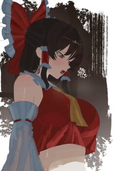 1girl ascot bare_shoulders blush bow breasts brown_eyes brown_hair commentary_request detached_sleeves from_side hair_tubes hakurei_reimu highres large_breasts looking_down medium_hair midriff open_mouth qvikingr red_bow red_shirt shirt signature sleeveless sleeveless_shirt solo teeth touhou twitter_username upper_body yellow_ascot