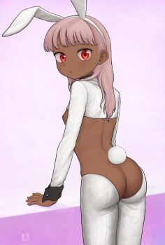 1girl animal_ears ass bad_tag blush breasts cowboy_shot dark-skinned_female dark_skin fake_animal_ears from_behind highres legs loli long_hair looking_at_viewer looking_back nipples nitera1041 original pink_hair rabbit_ears rabbit_tail red_eyes reverse_bunnysuit reverse_outfit small_breasts solo standing tail thighs