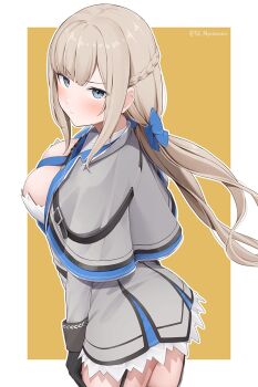 1girl befu between_breasts black_gloves blonde_hair blue_bow blue_capelet blue_eyes blue_necktie border bow braid breasts capelet commentary dress english_commentary garter_straps gloves grey_capelet grey_dress hair_bow highres kantai_collection large_breasts looking_at_viewer looking_to_the_side low_twintails maryland_(kancolle) multicolored_capelet necktie necktie_between_breasts pleated_dress side_braids simple_background solo twintails twitter_username white_border yellow_background