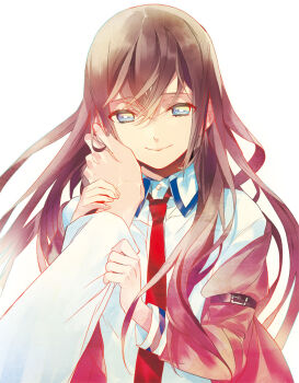 1boy 1girl arm_belt belt breasts brown_hair brown_jacket caressing_cheek collared_shirt hair_between_eyes hair_over_shoulder hand_grab hand_on_another&#039;s_cheek hand_on_another&#039;s_face jacket jacket_partially_removed lab_coat leather_belt long_hair looking_at_viewer makise_kurisu narrowed_eyes necktie official_art okabe_rintarou pov purple_eyes purple_trim red_necktie ringed_eyes sarachi_yomi science_adventure shirt small_breasts smile steins;gate white_belt white_shirt