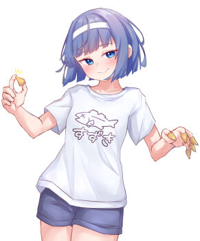 1girl aho_whale blue_eyes blue_hair blue_shorts blush bugles bugles_(food) bugles_on_fingers cevio closed_mouth clothes_writing commentary_request food food_on_hand hairband highres holding holding_food shirt short_hair short_sleeves shorts simple_background smile solo suzuki_tsudumi translation_request white_background white_hairband white_shirt