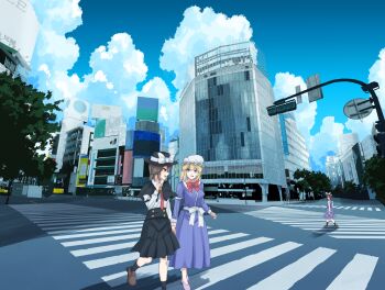 Rule 34 | 3girls, black capelet, black hat, black skirt, black socks, blonde hair, blue eyes, bow, bowtie, brown eyes, brown hair, brown shoes, building, capelet, city, cloud, collared dress, collared shirt, commentary request, contrast collar, crosswalk, day, dinotodon, dress, hat, hat bow, highres, long sleeves, maribel hearn, medium hair, mob cap, multiple girls, necktie, plaid clothes, plaid skirt, plaid vest, purple dress, purple shoes, purple skirt, purple vest, real world location, red-framed eyewear, red bow, red bowtie, red eyes, red necktie, sash, shibuya (tokyo), shibuya scramble crossing, shirt, shirt tucked in, shoes, skirt, sleeve cuffs, sleeve garter, socks, tokyo (city), touhou, traffic light, tree, usami renko, usami sumireko, vest, waist bow, walking, white bow, white hat, white sash, white shirt