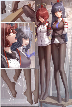 2girls absurdres arknights bkyuuc black_hair black_pantyhose commission execution exusiai_(arknights) feet guro halo hanged highres long_hair multiple_girls pantyhose red_eyes red_hair short_hair texas_(arknights)