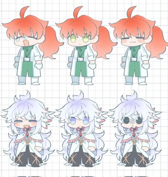 2boys :&lt; =_= @_@ absurdly_long_hair ahoge black_pants blue_eyes capelet chaldea_logo closed_eyes closed_mouth concentric_circles cross cross_print deformed doctor fang fate/grand_order fate_(series) flower full_body gloves green_eyes hair_flower hair_ornament highres i0u0 id_card light_frown long_hair long_sleeves merlin_(fate) multiple_boys multiple_expressions multiple_views neck_ribbon orange_hair pants ponytail ribbon romani_archaman sleeves_rolled_up smug standing star_(symbol) star_print very_long_hair white_capelet white_gloves