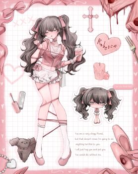 Rule 34 | 1girl, absurdres, animal, ballet slippers, blood, bow shorts, brown hair, cake, candle, character name, chibi, chibi inset, choker, commentary, cropped hoodie, cross, cup, disposable cup, dog, drinking straw, english text, entangled, flats, food, fork, frilled shorts, frills, full body, grey eyes, grid background, hair ribbon, heart, highres, holding, holding cup, holding leash, hood, hood down, hoodie, jewelry, leash, lipgloss, long hair, looking to the side, midriff, navel, necklace, original, parted lips, pink theme, ribbon, scrunchie, shorts, socks, sweat, symbol-only commentary, three-quarter sleeves, twintails, very long hair, wrist scrunchie, yumeko (devilxkid)