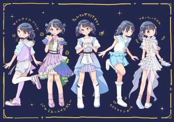 1girl ballet_slippers black_hair blue_dress blue_shorts boots commentary_request dress fukumaru_koito full_body highres himara idol idolmaster idolmaster_shiny_colors jacket knee_boots looking_at_viewer looking_back multicolored_dress multiple_views official_alternate_costume puffy_short_sleeves puffy_sleeves purple_eyes purple_jacket shirt shoes short_sleeves shorts sneakers translation_request twintails white_boots white_dress white_shirt