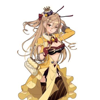 Rule 34 | 1girl, antennae, arm behind head, arm cutout, bag, black bra, bow, bowtie, bra, breasts, brown eyes, brown garter straps, brown hair, brown skirt, brown thighhighs, cleavage, clothing cutout, coat, diagonal-striped thighhighs, frilled bra, frills, gem, hair between eyes, hair ribbon, holding, holding bag, licking lips, long hair, medium breasts, nana honeybee, pelvic curtain, red bow, red bowtie, red ribbon, ribbon, shoulder bag, skirt, thighhighs, tongue, tongue out, two side up, uchako, uchi no hime-sama ga ichiban kawaii, underwear, yellow coat, yellow collar, yellow gem