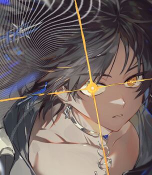 1boy arknights black_hair blue_background collarbone dark-skinned_male dark_skin diffraction_spikes earrings floating_hair glowing glowing_eye grey_shirt hair_ornament jewelry korean_commentary looking_at_viewer male_focus orange_eyes parted_bangs parted_lips pendant_choker portrait shirt sideways_glance solo star_(symbol) star_hair_ornament thorns_(arknights) thorns_the_lodestar_(arknights) tzar_game