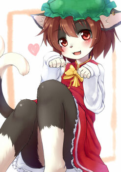 Rule 34 | 1girl, animal ears, bad id, bad nicoseiga id, barefoot, blush, bow, brown hair, cat, cat ears, cat tail, chen, dress, earrings, fang, female focus, furrification, furry, furry female, hat, heart, jewelry, kagerofu, long sleeves, looking at viewer, multiple tails, open mouth, paw pose, red eyes, ribbon, short hair, sitting, sleeves past wrists, solo, tail, touhou