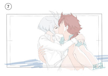 Rule 34 | 2girls, arms around neck, blue shirt, carrying, closed eyes, collared shirt, commentary request, gundam, gundam suisei no majo, highres, kiss, long hair, miorine rembran, monto (user dmde2437), multiple girls, ocean, outdoors, princess carry, red hair, shirt, short hair, suletta mercury, white hair, white shirt, yuri