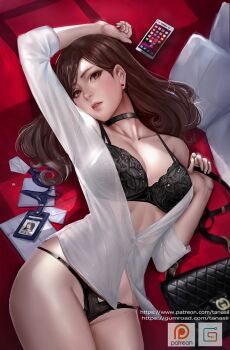 1girl arm_up artist_name bag black_bra black_choker black_panties bra breasts brown_eyes brown_hair cellphone choker cleavage earrings envelope from_above groin handbag head_tilt id_card jewelry long_sleeves looking_at_viewer lying medium_breasts off_shoulder office_lady on_back open_clothes open_shirt original panties parted_lips patreon_logo patreon_username phone pink_lips see-through_clothes sheryl_01 sherylnome shirt single_bare_shoulder smartphone solo stud_earrings swept_bangs tanasil thighs underwear watermark web_address white_shirt