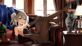1girl absurdres animal_ears arknights armpits bare_shoulders black_pantyhose breasts china_dress chinese_clothes cleavage couch dress elbow_gloves feater_(arknights) gloves grey_hair highres lying on_back on_couch pantyhose red_eyes shangguan_le_hei twintails