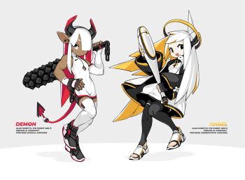 1boy 1girl 2022 2025 absurdres angel angel_the_pseudo-ai_assistant baseball_bat biceps black_eyes black_leggings black_nails breasts chain chinese_commentary closed_mouth coat colored_skin commentary covered_navel dark_skin deltoids demon demon_boy demon_horns demon_tail demon_the_pseudo-ai_assistant downturned_eyes dress ear_piercing electric_hearts english_commentary fingerless_gloves full_body gloves halo hand_on_own_hip head_tilt highres holding holding_baseball_bat holding_weapon horns krita_(medium) leggings light_smile long_hair long_sleeves mechanical_halo mechanical_horns medium_breasts muscular muscular_male open_mouth original pectorals piercing pointy_ears puffy_sleeves raised_inner_eyebrows sandals shoes signature simple_background sleeveless smile sneakers spiked_bat standing standing_on_one_leg tail tareme tight_clothes toned toned_male tsurime tyson_tan upturned_eyes weapon white_coat white_dress white_hair white_leggings white_nails white_sandals white_skin yellow_halo