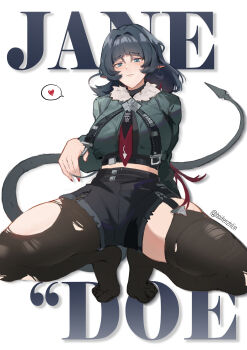 1girl absurdres animal_ears baifenzhilin black_hair black_shorts blue_eyes character_name closed_mouth commentary feet fur-trimmed_jacket fur_trim garter_straps grey_jacket grey_tail hair_intakes heart high-waist_shorts highres jacket jane_doe_(zenless_zone_zero) light_smile long_hair long_tail looking_at_viewer mouse_ears mouse_girl mouse_tail multicolored_hair necktie no_shoes pantyhose red_hair red_nails sharp_tail shorts simple_background single_garter_strap single_leg_pantyhose single_thighhigh solo spoken_heart spread_legs squatting symbol-only_commentary tail thighhighs tiptoes toes torn_clothes torn_pantyhose torn_thighhighs twitter_username two-tone_necktie white_background zenless_zone_zero