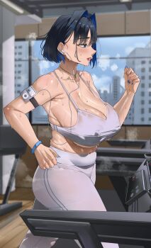 1girl absurdres archinoer black_hair blue_eyes blue_hair blue_nails breasts collarbone covered_erect_nipples mp3_player earphones exercising from_side hair_intakes heavy_breathing highleg highleg_panties highres hololive hololive_english huge_breasts indoors ipod jewelry leggings multicolored_hair necklace open_mouth ouro_kronii panties pants running see-through_clothes see-through_pants short_hair solo sports_bra sweat treadmill two-tone_hair underwear very_sweaty virtual_youtuber white_pants white_sports_bra window yoga_pants