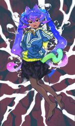 Rule 34 | 1girl, barefoot, black skirt, blue hair, blue jacket, brown background, commentary request, dark-skinned female, dark skin, floating, full body, hands up, highres, hood, hood down, hooded jacket, jacket, looking at viewer, open mouth, original, own hands clasped, own hands together, oyomotin, pointy ears, purple eyes, purple hair, sharp teeth, skirt, sleeves past wrists, solo, tail, teeth, tentacle hair, twintails