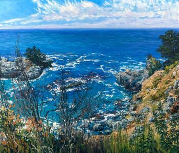 blue_sky cloud cloudy_sky commentary day english_commentary grass highres kate_avery no_humans ocean oil_painting_(medium) original outdoors painting_(medium) scenery shore sky traditional_media tree water