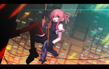 Rule 34 | 1girl, absurdres, air conditioner, arm up, black gloves, blue eyes, boots, brown shorts, brown thighhighs, building, commentary request, full body, gloves, gun, hair between eyes, highres, holding, holding gun, holding weapon, iwasawayuki, looking at viewer, night, open mouth, original, outdoors, pink hair, rappelling, shirt, short shorts, short sleeves, shorts, solo, thighhighs, thighhighs under boots, weapon, weapon request, white shirt, window