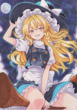 1girl apron black_skirt black_vest blonde_hair bow braid broom broom_riding buttons frilled_skirt frills full_moon grin hair_bow hand_on_headwear hat hat_bow highres hoshi_tea_party kirisame_marisa long_hair moon shirt short_sleeves single_braid skirt smile solo touhou traditional_media vest waist_apron white_apron white_shirt witch_hat yellow_eyes