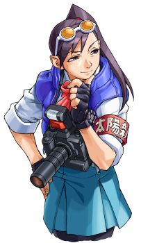 Rule 34 | 1girl, absurdres, armband, black gloves, blue skirt, blue vest, bow, brown eyes, camera, cropped legs, down vest, edaki shin'ya, eyewear on head, finger to own chin, fingerless gloves, game cg, gloves, half-closed eyes, hand on own hip, hand up, hibiki ran, highres, justice gakuen, leggings under skirt, looking to the side, moero! justice gakuen, non-web source, official art, open clothes, open vest, pink bow, ponytail, simple background, skirt, sleeves rolled up, smile, solo, sunglasses, vest, watch, white background, wristwatch