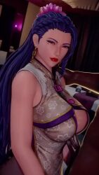 1boy 1girl 3d animated bed bedroom between_breasts blue_hair bouncing_breasts bouquetman braid breasts bulge clothed_female_nude_male curvy dark-skinned_male dark_skin dress earrings erection erection_under_clothes flower hair_flower hair_ornament hetero jewelry jiggle kneeling large_breasts large_penis looking_at_viewer luong mole mole_under_eye nude one_eye_closed paizuri paizuri_under_clothes pale_skin penis purple_eyes shaking smile sound tagme the_king_of_fighters the_king_of_fighters_xv video wet wide_hips wink