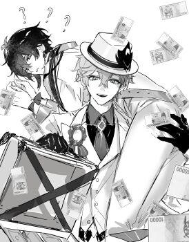 2boys ? ?? alternate_costume banknote carrying carrying_over_shoulder carrying_person currency dollar_bill fedora genshin_impact greyscale hamtaru542899 hat highres money monochrome mors_gn multiple_boys suitcase tartaglia_(genshin_impact) twitter white_background yaoi zhongli_(genshin_impact)