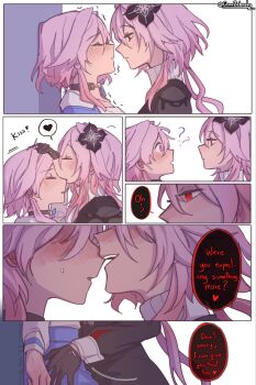 2girls ? ?? black_gloves blue_skirt blush cesar_zebrah closed_eyes closed_mouth commentary dual_persona english_commentary english_text evernight_(honkai:_star_rail) gloves hand_on_another&#039;s_waist heart highres honkai:_star_rail honkai_(series) kiss kissing_forehead long_hair looking_at_another march_7th_(honkai:_star_rail) multiple_girls parted_lips pink_hair purple_eyes red_eyes selfcest skirt smile speech_bubble spoken_heart sweat trembling yuri