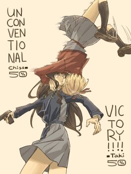 Rule 34 | 2girls, anjuro zeeku, black hair, black socks, blonde hair, blue dress, brown shoes, commentary, dress, english text, gun, hair ribbon, handgun, highres, holding, holding gun, holding weapon, inoue takina, kiss, kneehighs, loafers, long hair, lycoris recoil, motion blur, multiple girls, nishikigi chisato, purple eyes, red dress, red ribbon, ribbon, shoes, short hair, simple background, smith &amp; wesson m&amp;p, socks, upside-down kiss, weapon, yellow background, yuri