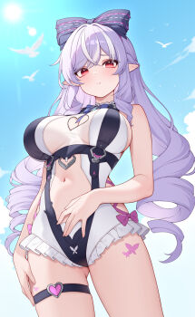 Rule 34 | 1girl, absurdres, bare shoulders, blue sky, blush, bow, breasts, cleavage, closed mouth, clothing cutout, commentary request, day, hair bow, heart cutout, highres, large breasts, long hair, looking at viewer, multicolored hair, navel, official alternate costume, one-piece swimsuit, origami (poinia), outdoors, paid reward available, pointy ears, purple bow, purple hair, red eyes, sidelocks, sky, solo, stomach, stomach cutout, streaked hair, swimsuit, thigh strap, thighs, very long hair, vivian banshee, vivian banshee (iris of the shore), white one-piece swimsuit, zenless zone zero
