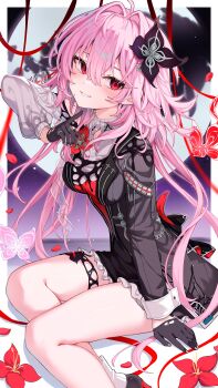 1girl absurdres black_dress black_gloves black_liquid border breasts bug butterfly crescent_moon dress evernight_(honkai:_star_rail) flower gloves hair_flower hair_ornament hashtag-only_commentary highres honkai:_star_rail honkai_(series) insect long_hair march_7th_(honkai:_star_rail) medium_breasts moon night pink_hair pu_ht red_eyes sitting smile solo thighs very_long_hair white_border