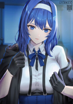Rule 34 | 1girl, black gloves, black jacket, blue eyes, blue hair, blue ribbon, blue skirt, blurry, blurry background, breasts, closed mouth, commentary request, gloves, hairband, high-waist skirt, highres, jacket, large breasts, long hair, original, ribbon, shirt, skirt, solo, white hairband, white shirt, yamamori kinako