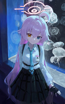 1girl absurdres ahoge aquarium black_gloves black_skirt blue_archive blue_eyes blue_necktie closed_mouth commentary_request fingerless_gloves gloves halo highres hoshino_(blue_archive) jianjia long_hair looking_at_viewer necktie pink_hair pink_halo shirt skirt smile solo very_long_hair white_shirt yellow_eyes
