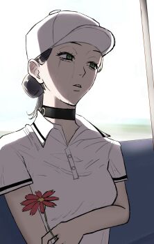 1girl absurdres baseball_cap black_choker black_hair chainsaw_man choker commentary_request crying crying_with_eyes_open flower green_eyes grenade_pin hair_bun hair_flower hair_ornament hat highres lzb_i5 parted_lips polo_shirt red_flower reze_(chainsaw_man) shirt solo tears white_hat white_shirt window