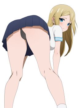 1girl absurdres ass bent_over blonde_hair blue_eyes blush breasts closed_mouth coro_fae feet_out_of_frame hair_between_eyes hayasaka_ai highres kaguya-sama_wa_kokurasetai_~tensai-tachi_no_renai_zunousen~ legs long_hair looking_at_viewer medium_breasts panties school_uniform shirt skirt smithee_a._haysaca socks solo thighs underwear white_background white_shirt