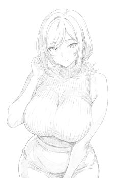 1girl bare_arms bare_shoulders blush breasts closed_mouth commentary_request curvy greyscale gundam gundam_build_fighters huge_breasts iori_rinko long_hair looking_at_viewer low_ponytail mature_female mole mole_under_mouth monochrome pants parted_bangs ponytail ranhatu ribbed_sweater side_part simple_background sleeveless sleeveless_sweater sleeveless_turtleneck smile solo sweater swept_bangs turtleneck turtleneck_sweater white_background